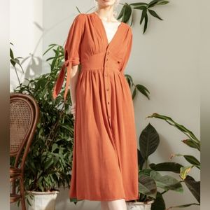 Orange cotton dress, plunge V-neck